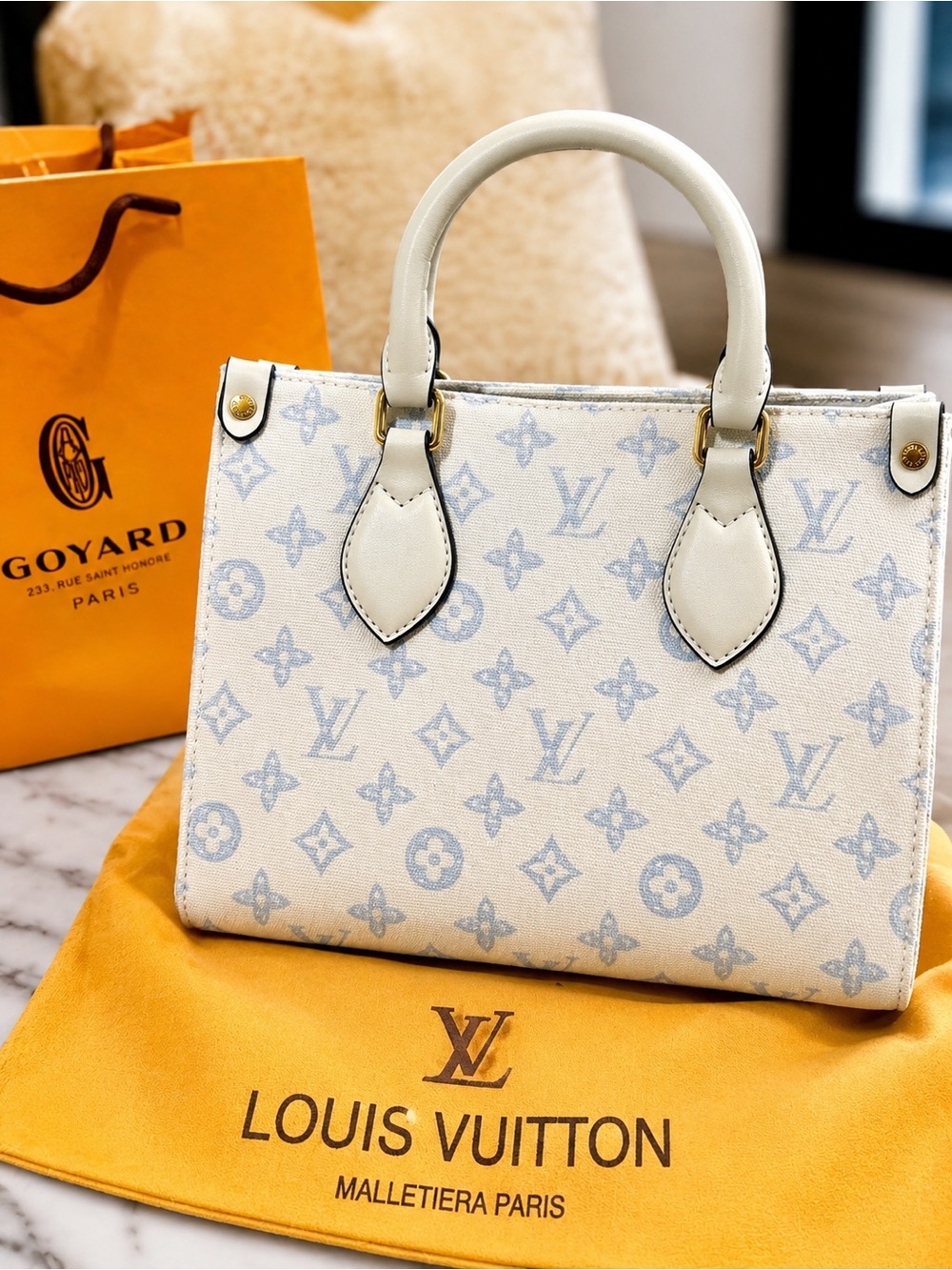 Louis Vuitton White & Light Blue Monogram Tote